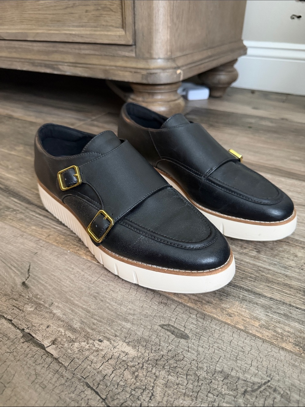 Cole Haan Black Leather Double Buckle Slip-On Loafers with White Platform